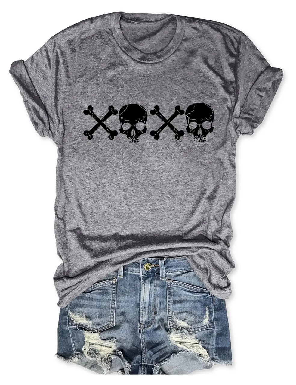 

Rheaclot XOXO Spooky Skull Women's Summer Tops Graphic T-shirt Round Neck Tee