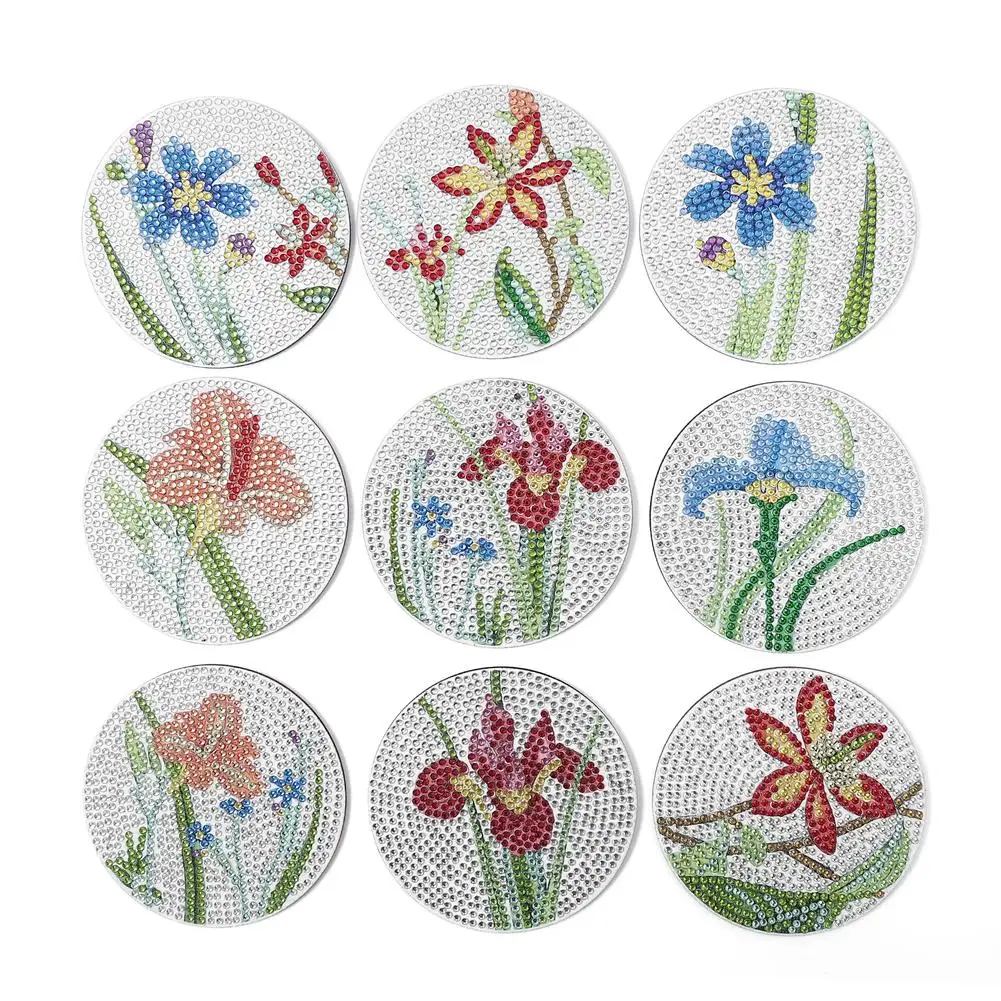 

9pcs Flower Diamond Art Coasters With Holder Diy Diamond Painting Set Coasters Protect Furniture Kitchen Drink Coaster Crafts