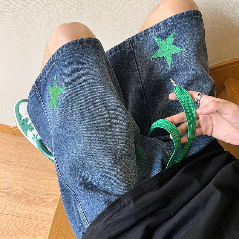 Джинсовые шорты с вышивкой эластичным поясом и кулиской для мужчин идеально