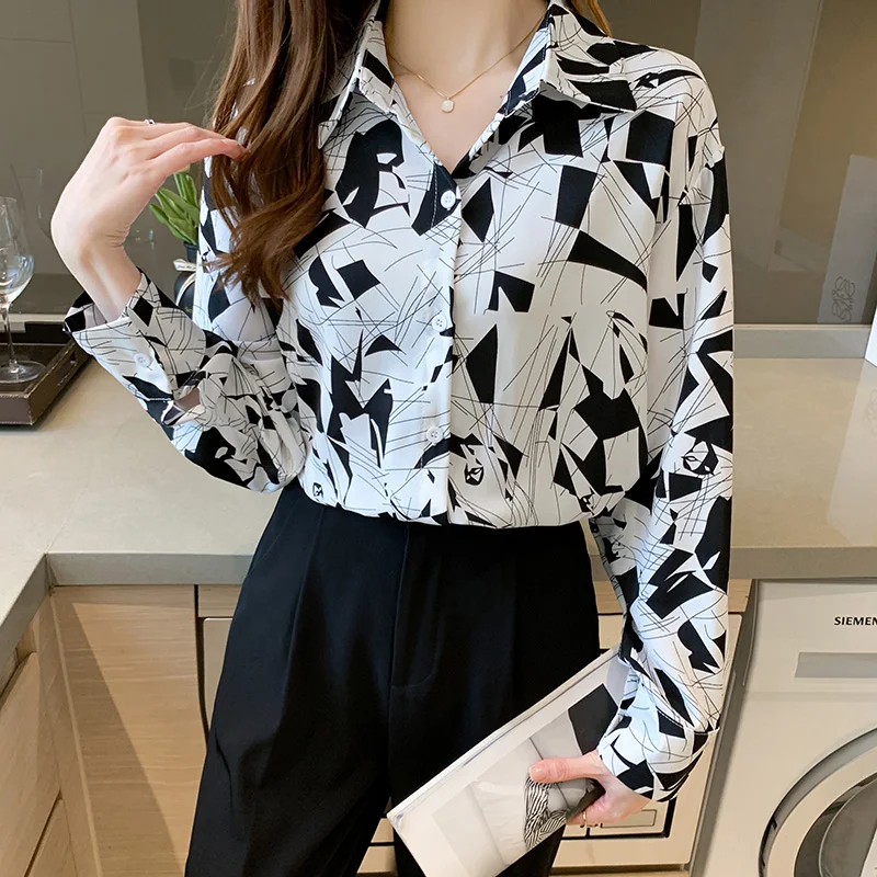 

Chiffon Women's Blouse Polo Shirt Print Clothing Spring Autumn Long Sleeve Top Casual Loose Houthion