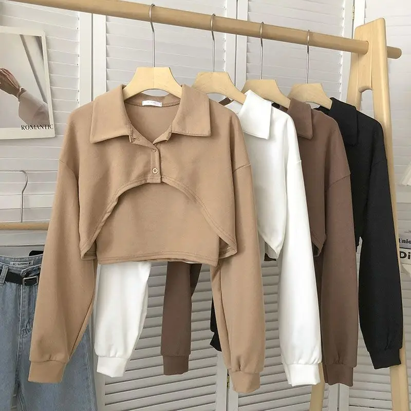 

WDMSNA Korean Long Sleeve T-shirts for Women Lapel Loose Thirt Shirt Femme and Simple Short Sling Autumn New Fashion Set Tops