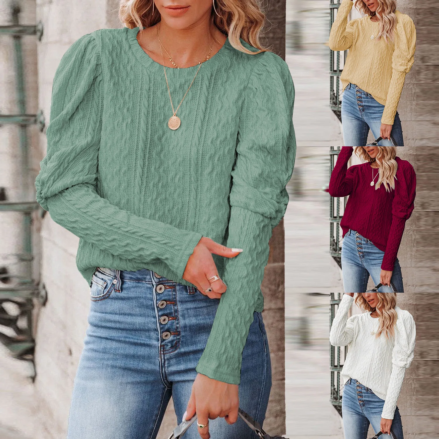 

2022 Autumn and Winter Solid Color Jacquard round Neck Gigot Sleeve Knitted Sweater Top Women Pullover