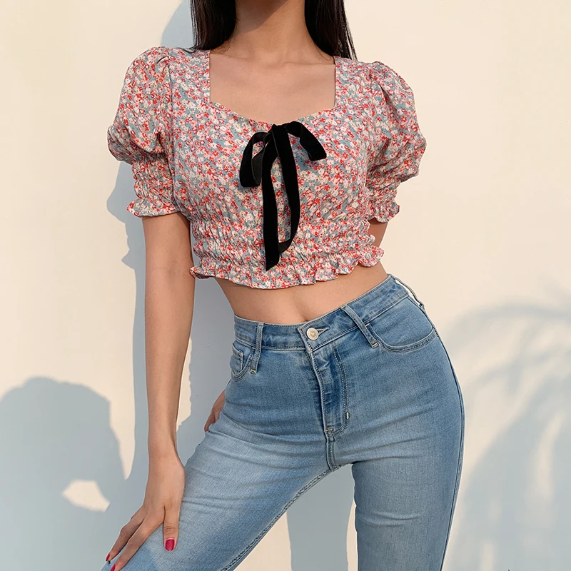 

Summer Women Korean Sweet Pink Floral Print Square Collar Y2K Cropped Tshirts Aesthetic Kawaii Bow Tops Puff Sleeve Cute Tees
