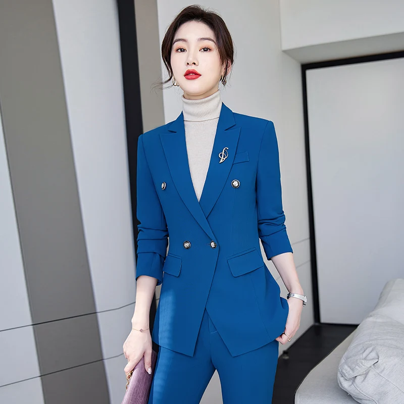 Fashion Blue Blazer Women Business Suits Pant and Jacket Sets Office Ladies Jackets Work Uniform OL Style Pantsuits