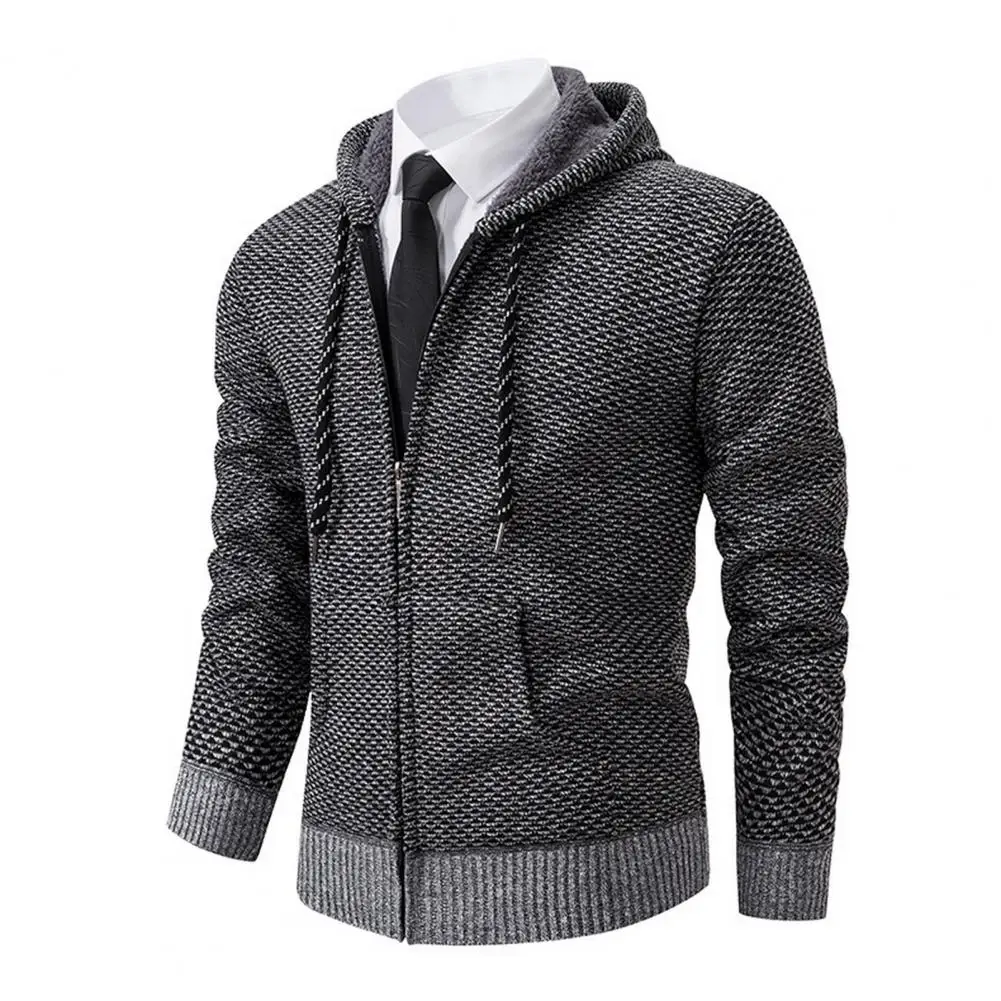 

Men Sweater Coat Men's Cozy Hooded Cardigans with Plush Lining Zipper Placket Pockets for Casual Autumn Winter Knitwear Slim Fit