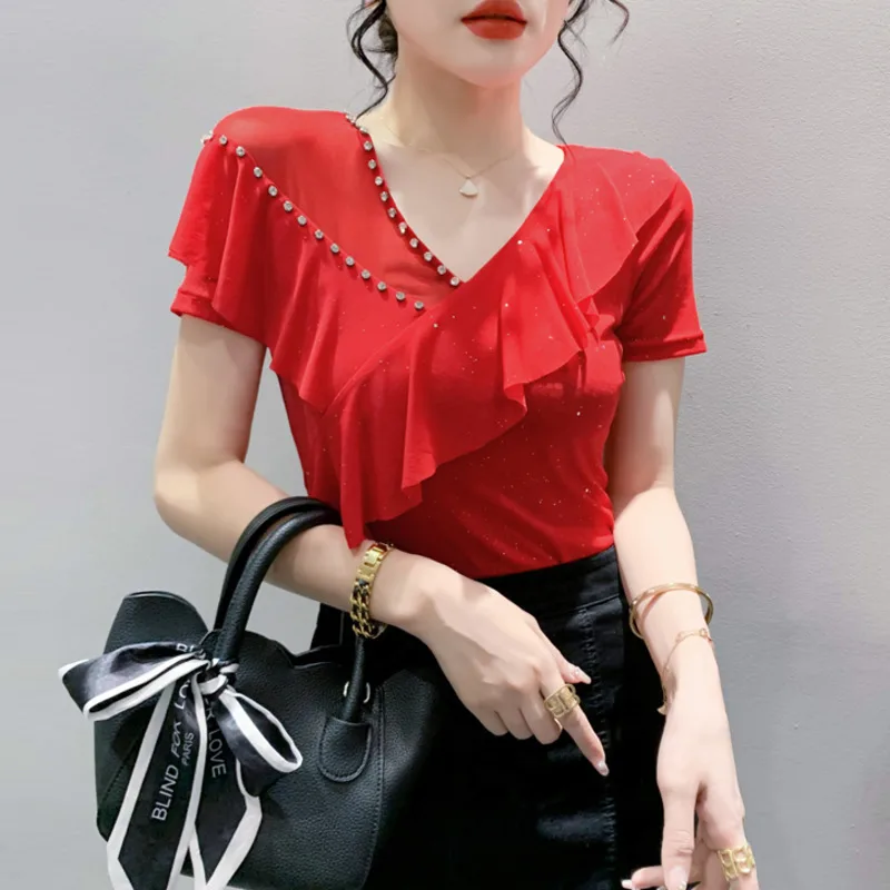 # 5944 Черная синяя красная эластичная сетчатая футболка женская с v-образным