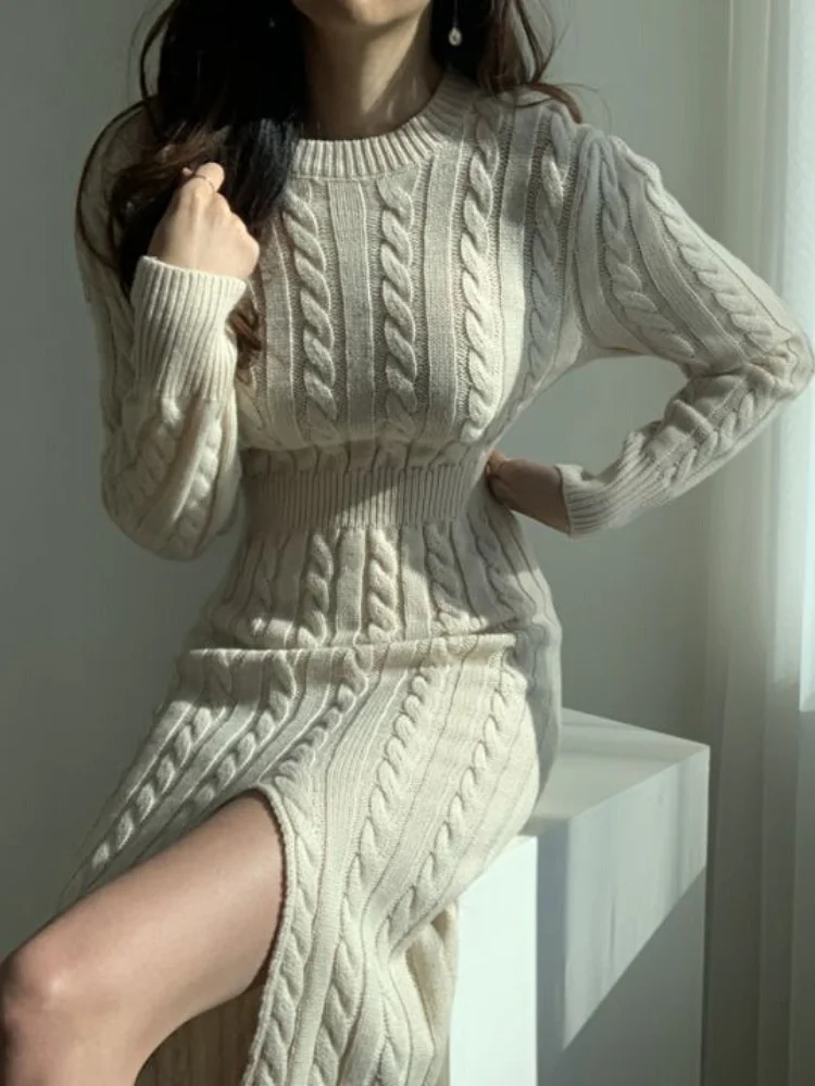 

Retro Split Knit Dress Women's 2022 Autumn Winter New Waist Slimming Bottoming Sweater Skirt Dress for Women Sweaters Dresses