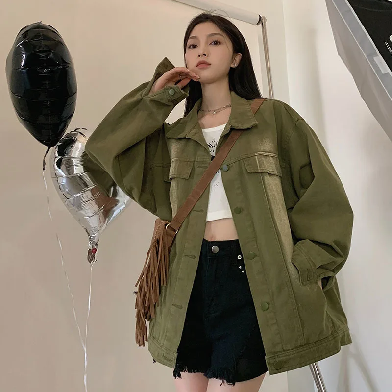 

Vintage Loose Casual Women Denim Jacket Lapel Long Sleeve Spring Autumn Green Khaki Jeans Jacket Coat Streetwear Chaqueta Mujer