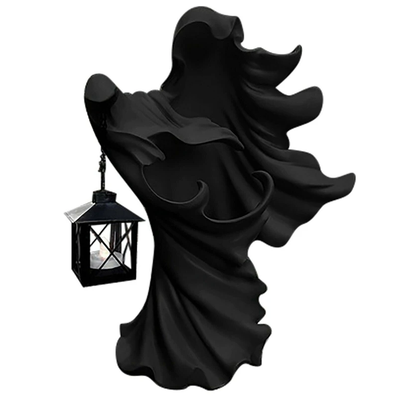 

Hell's Messenger With Lantern Faceless Ghost Sculpture Light Witch Realistic Halloween Statue Decor Solar Light