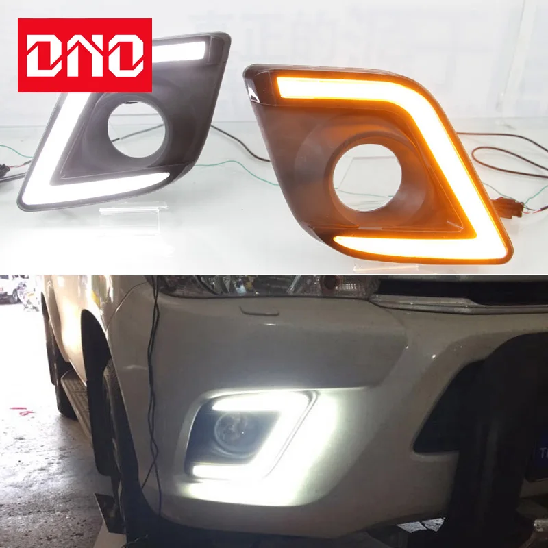 

DNO 12V Car LED DRL Daylights For Toyota Hilux Revo Vigo 2015 2016 Yellow Turn Signal Daytime Running Light Auto Foglamp