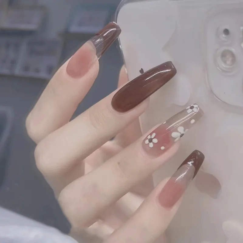 

Long Island Ice Tea Wearable Nails Long False Nails Brown Small Flower Nude Color Nails Fake Nails Removable Finished Manicure