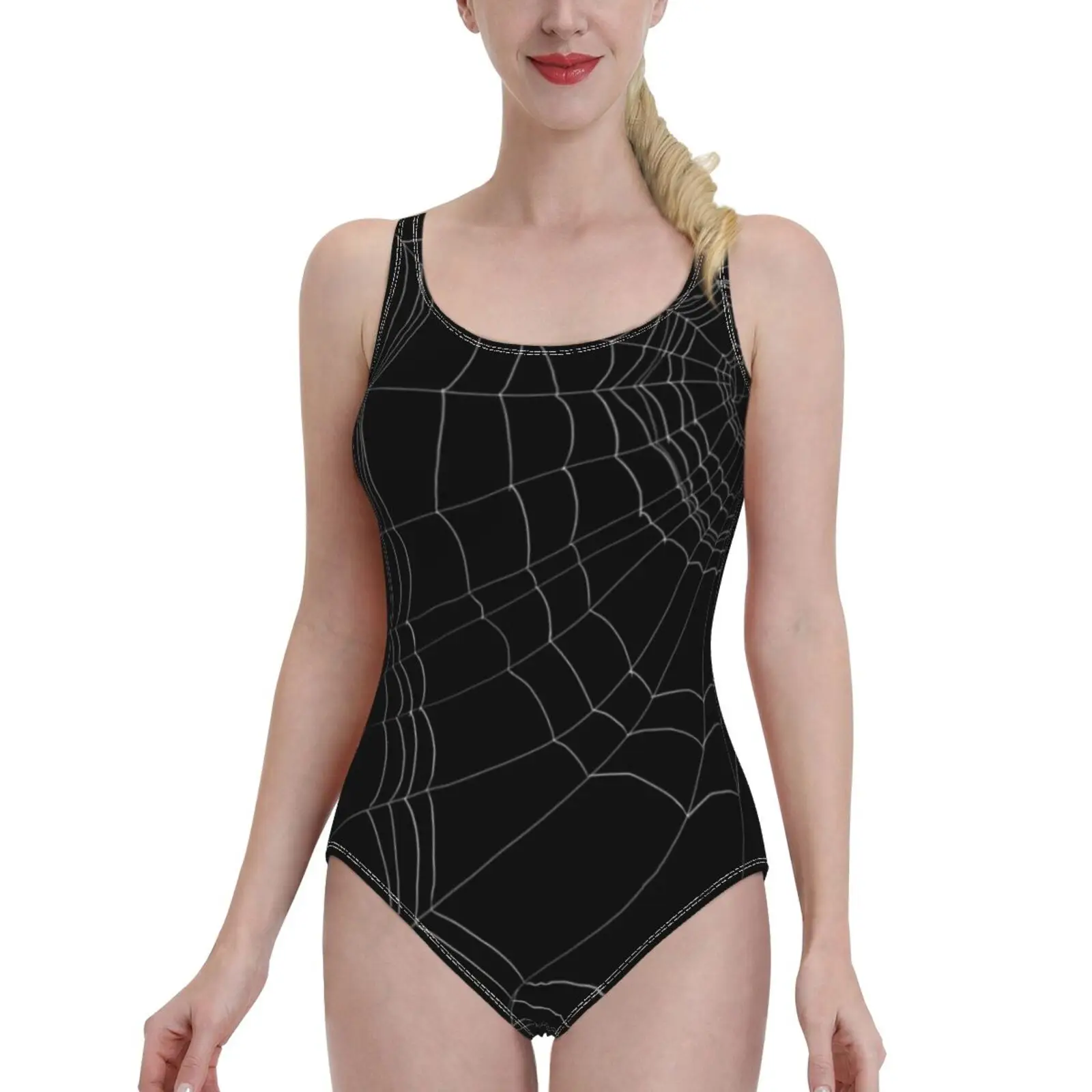 Lazy Spider'S Web Deep V-Neck Halter One-Piece Swimsuit Ladies Monokini Beach Bathing Suits Swimwear Goth Gothgoth Spider images - 6