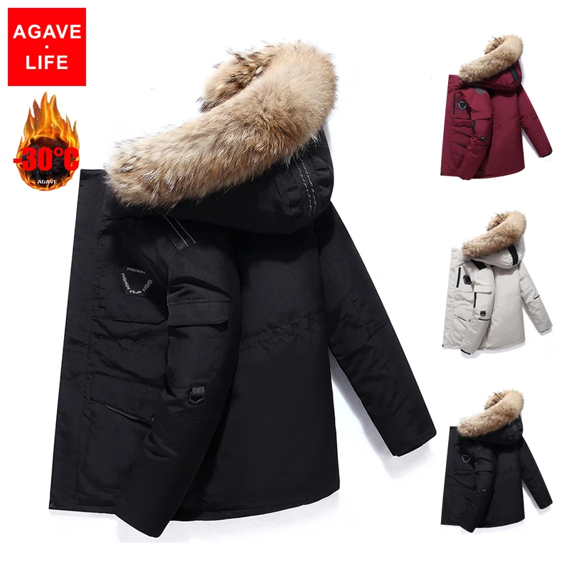 Winter Men's Fashion Down Jacket Warm Thick Hooded Puffer Cargo White Duck Down Parkas Coats Tops Windproof Unisex Down Parkas