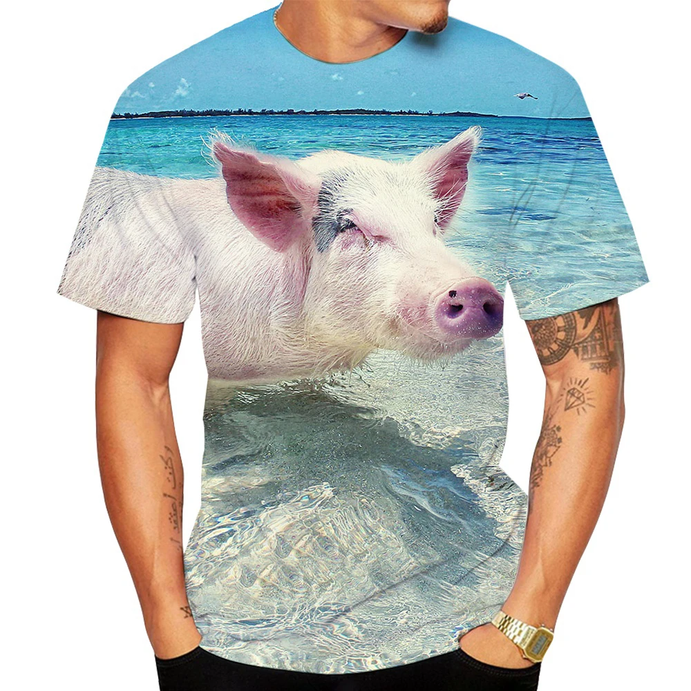 

Summer New Animal Pig Print Men's T-shirts Funny Piggy Polyester Cool Round Neck Short Sleeve Tees Loose Tops Oversized T Shirts