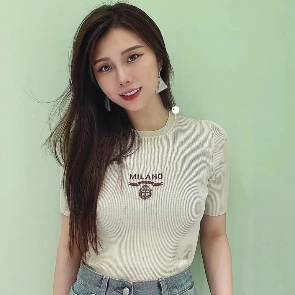 

Женский свитер с длинным круглым вырезом, вязаные женские топы с рукавами средней длины, футболки на осень, модные укороченные топы с надписью для женщин