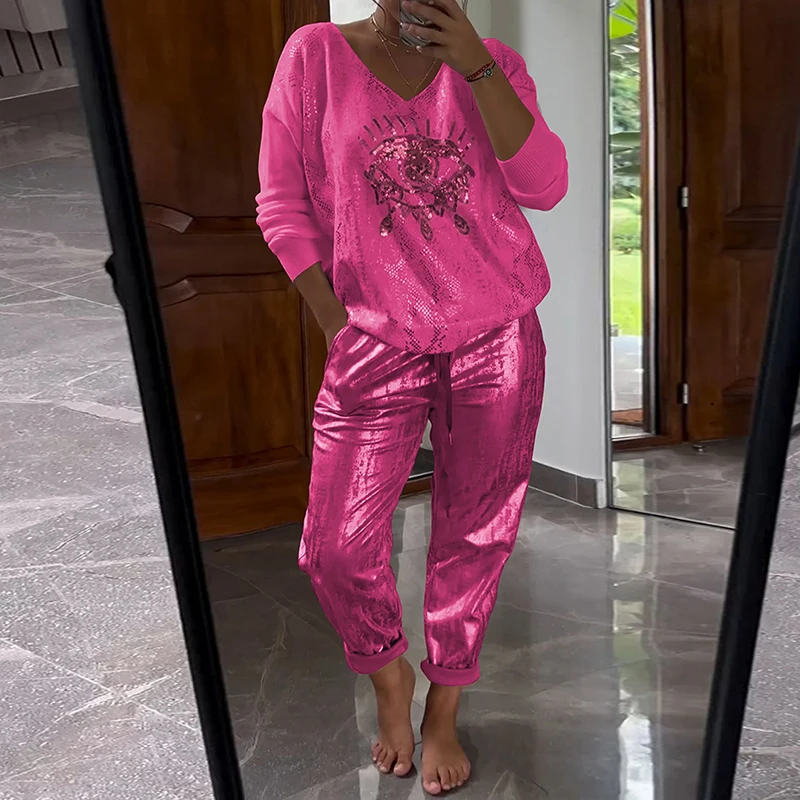 Женский комплект из 2 предметов весенний топ с длинными рукавами и v-образным