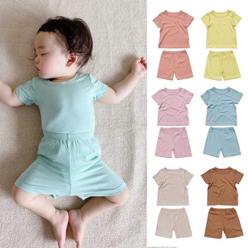 

Baby Short-sleeved Suit Summer Modal Air-conditioning Suit High Waist Belly Pajamas Boys and Girls Home Split Suit