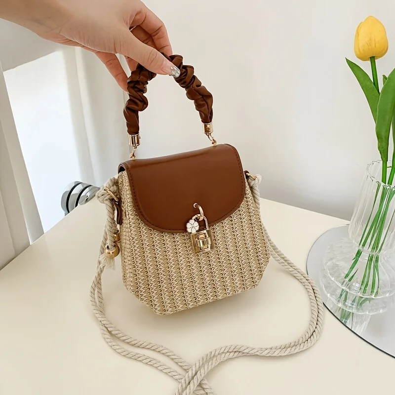 

Mini Flower Decor Straw Bag, Trendy Ruched Top Handle Bag, Women's Twist Lock Crossbody Purse