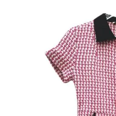 

Women Mini Dress Tweed Contrast Gingham Short Sleeve Polo Collar Robe Single Breasted Cotton Preppy Style Spring Summer