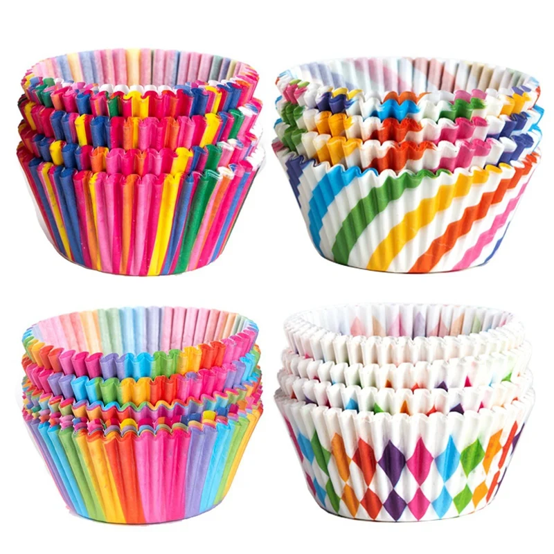 

Бумажные чашки для выпечки кексов, подкладки для маффинов, разноцветные радужные комбинированные одноразовые чашки для выпечки, набор стандартного размера, упаковка из 400 штук