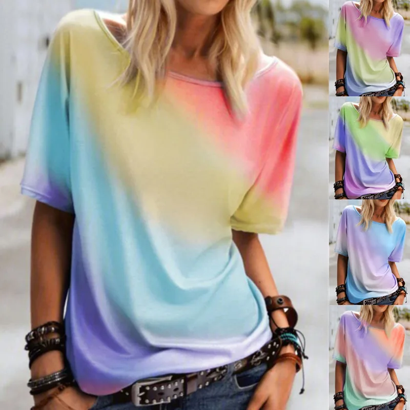 

2023 Women's round neck rainbow printed t-shirt loose casual short sleeve top women