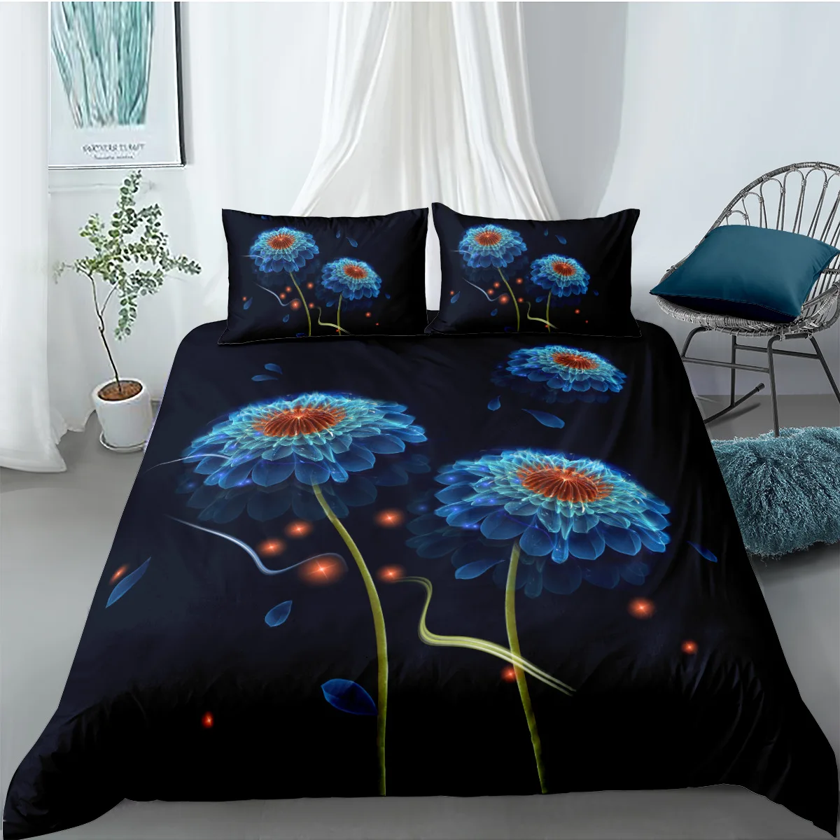 

Blooming Flowers King Queen Duvet Cover Blue Fantasy Floral Plant Bedding Set for Teens Adults Botanic Theme 2/3pcs Quilt Cover