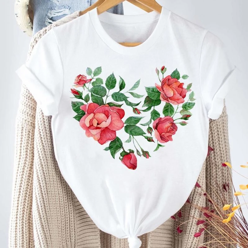 

Women Graphic Flower Floral Fashion Casual Cute 90s Style Vintage Lady Tees Print Tops Clothing Female T Shirt Womens T-Shirt