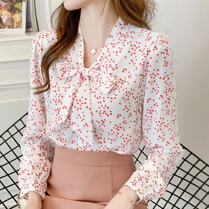 Новая женская рубашка с длинным рукавом модная шифоновая блузка в горошек бантом
