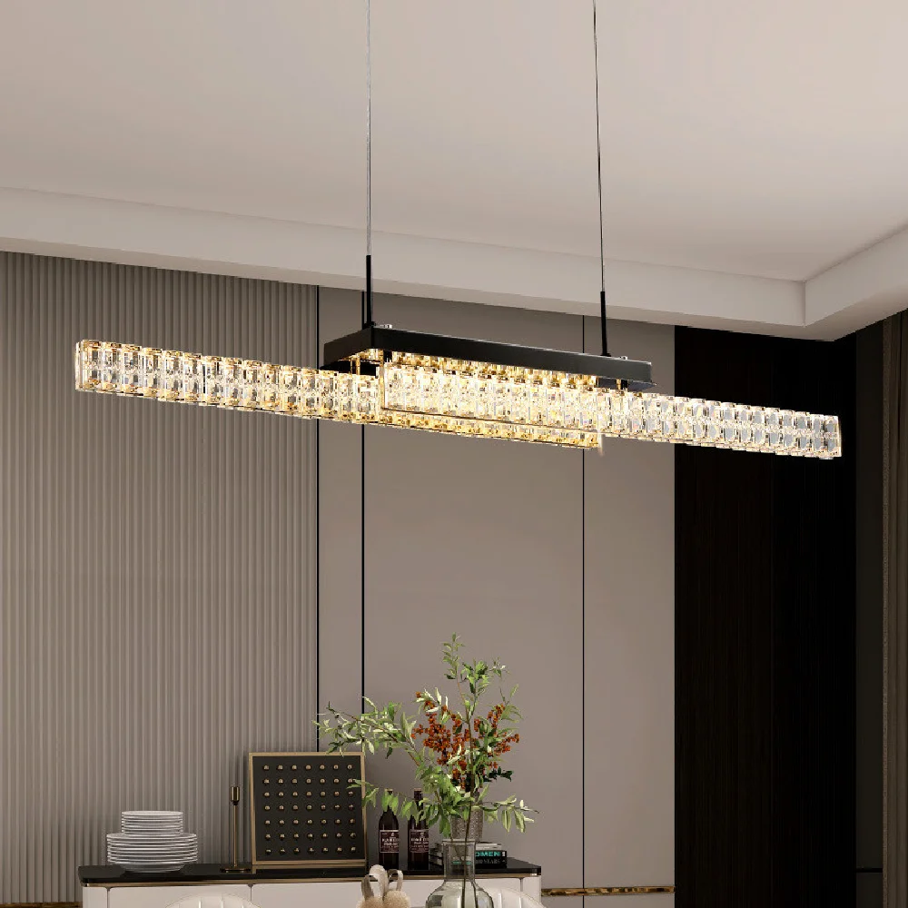 

Straight Dining Table Led Pendant Lights Modern Lustre Crystal Pendant Lamp Gun Black Ceiling Base Hanging Lamp Dimmable Light