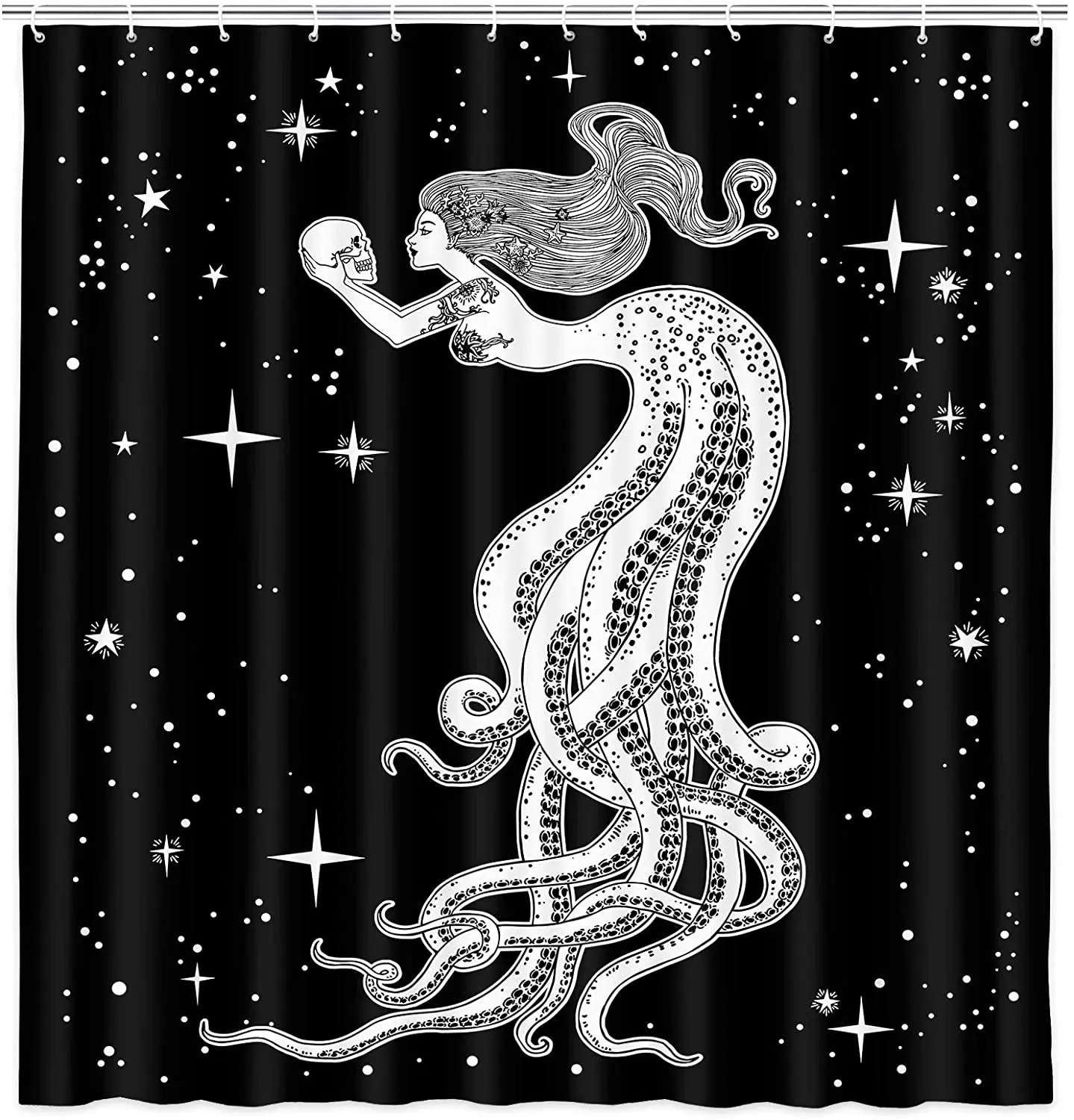 

Gothic Mermaid Shower Curtain Cartoon Octopus Girl Fabric Black Sky Shining Star Bathroom Bath Shower Curtains with Hooks