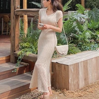 high quality korean fashion casual hollow out knit sweater summer dress women japanese slim pull long dress vintage robe femme