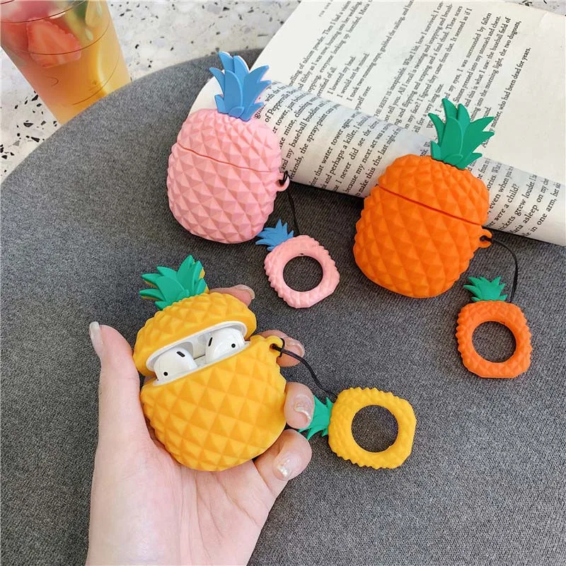 

Pineapple Cartoon Case For airpods 1 2 Wireless Bluetooh ear phone charge Solid Color airpod Ring Soft Silicone air pod Cover