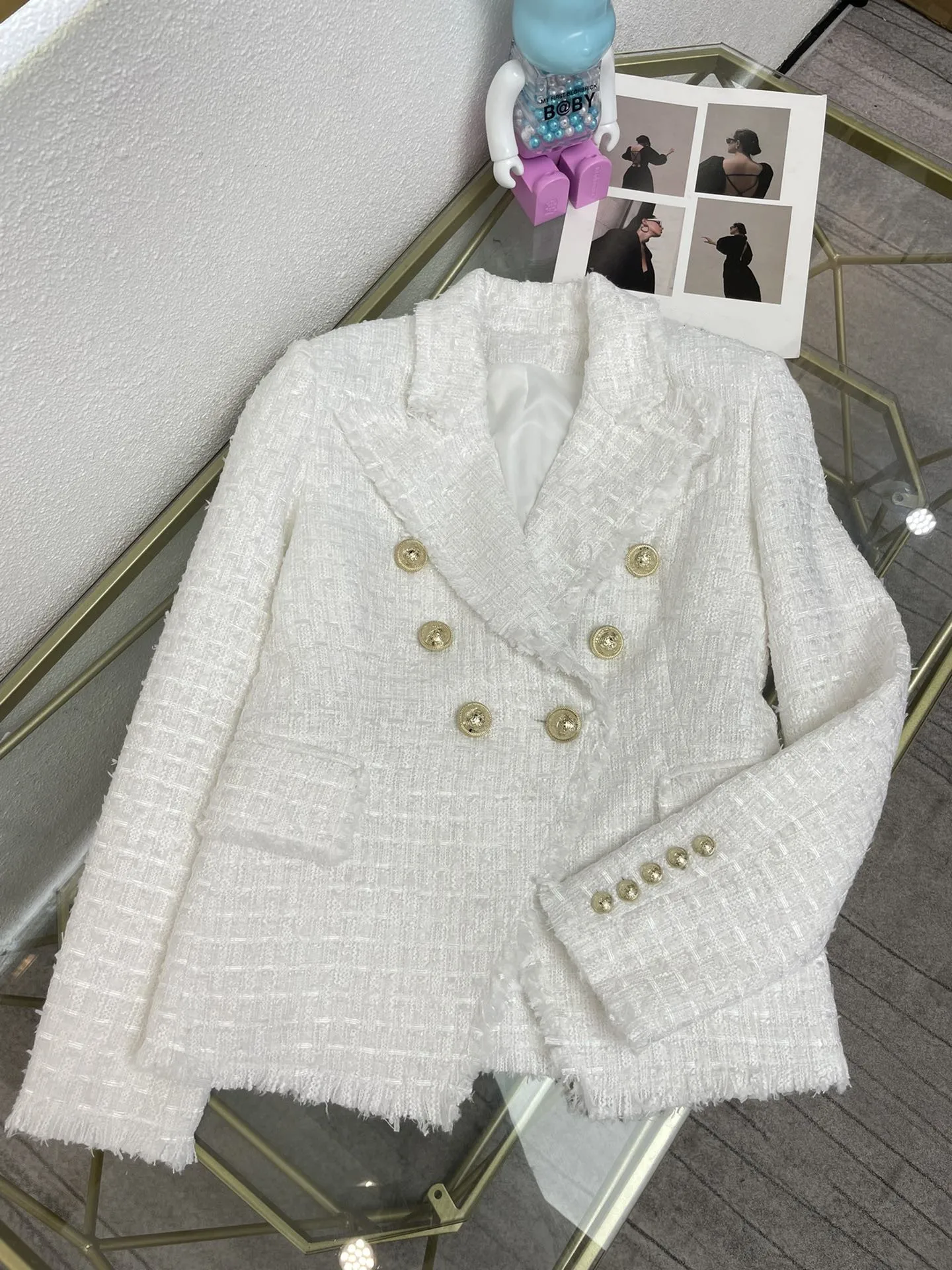 

2022 spring and summer new women's whisker craft black tweed Lapel coat