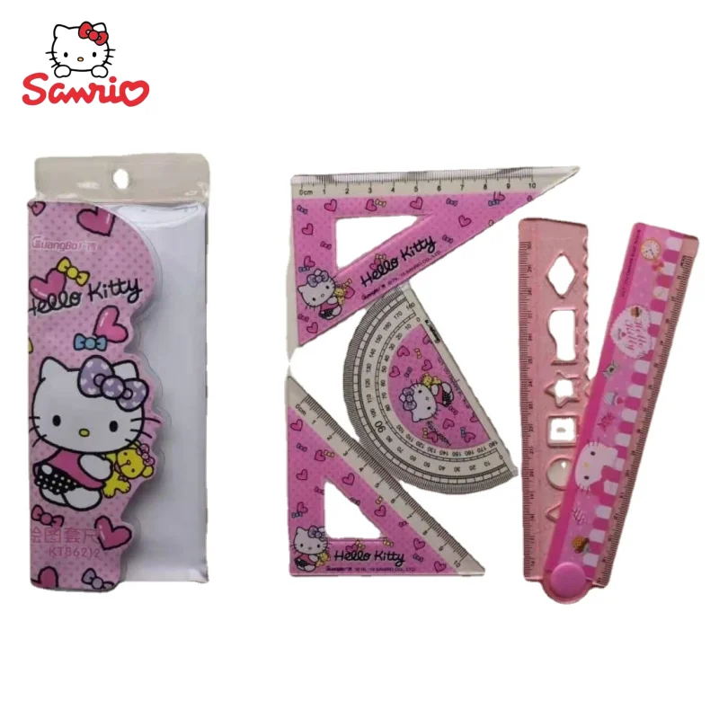 

Sanrio Anime Peripheral Kawaii Cute Cartoon Hello Kitty Set Ruler Triangle Protractor Creative Stationery Ruler Gift Wholesale