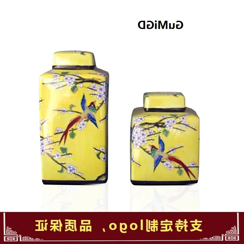 

Ceramic Jingdezhen US style colorful flowers and birds with cover square storage for holding ceramic tank two-piece set of