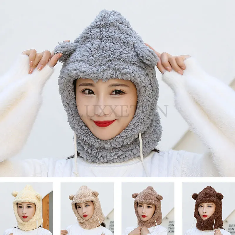 

Women Autumn Winter Thick Warm Scarf Beanies Cap Hats Cute Lady Neck Warm Outdoor Rabbit With Ear Cap Hat For Women