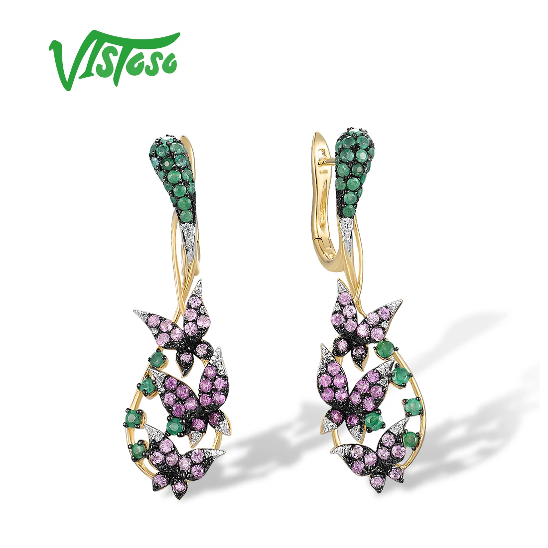 

VISTOSO 14K 585 Yellow Gold Earrings For Women Sparkling Pink Sapphire Emerald Diamonds Butterfly Earrings Fashion Fine Jewelry