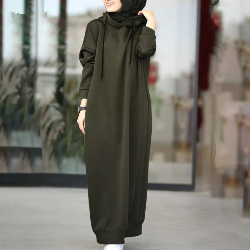 MISSJOY 2022 Fashion Hooded Muslim Women's Robe Dress Drawstring Long Sleeve Casual Loose Dubai Turkey New Sweater Robe
