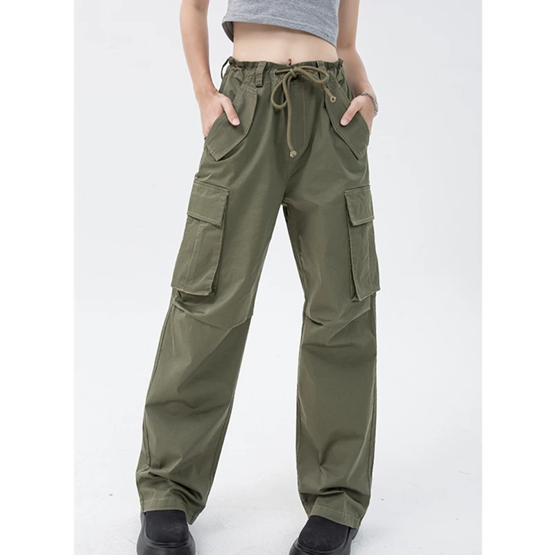 

Брюки женские с завышенной талией, мешковатые прямые штаны-багги в стиле хип-хоп, модные брюки с широкими штанинами, армейского зеленого цвета, осень