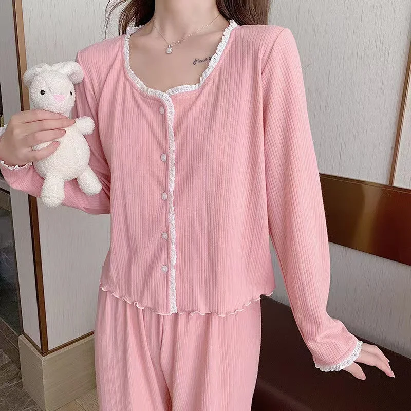 100% Cotton Women's Pajamas Sets Spring Pyjamas Suits 2Pcs Long Sleeves Trousers Comfortable Breathable Lounge Wear Home Clothe