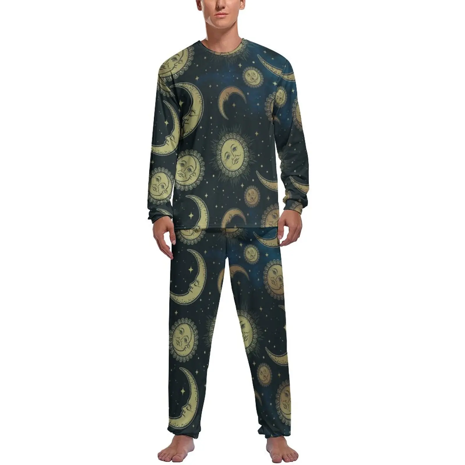 

Symbol Vintage Celestial Night Pajamas Daily 2 Pieces Sun Moon And Stars Cool Pajamas Set Long Sleeve Sleep Graphic Nightwear