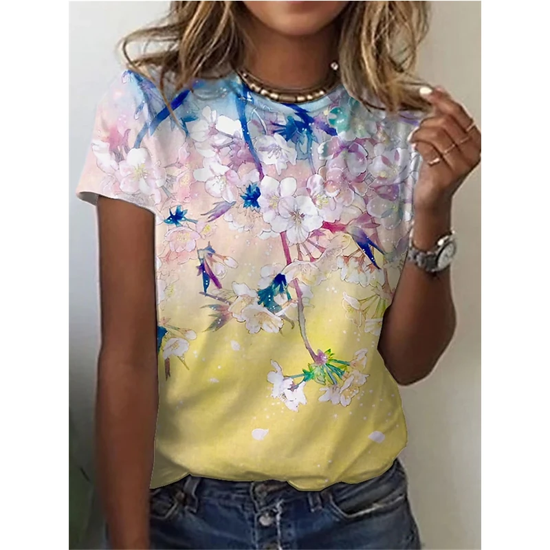 

Летние Новые топы с цветочным принтом, модные летние повседневные футболки с коротким рукавом и круглым вырезом, футболки с 3d-цифровым прин...