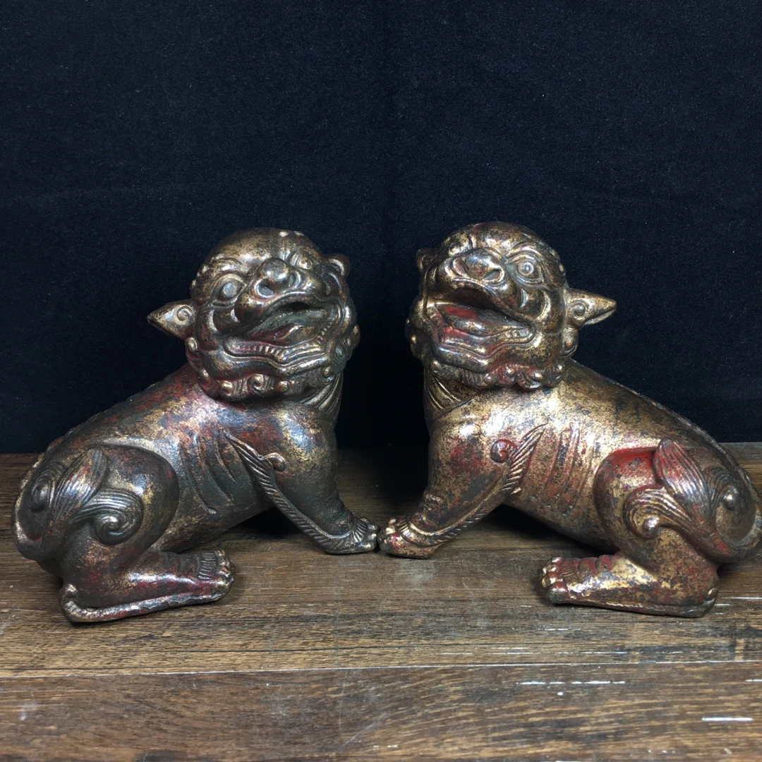 

4" Tibetan Temple Collection Old Bronze cinnabar mud gold lion statue a pair door lion Gather fortune ornament Town house