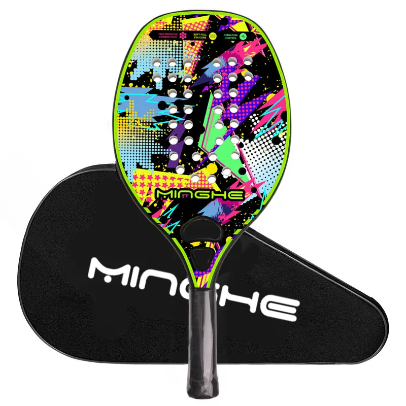 MINGHE Carbon Fiber Beach Racket Model H-007 Pink/Green Graffiti Series Racket with Backpack for Athletes