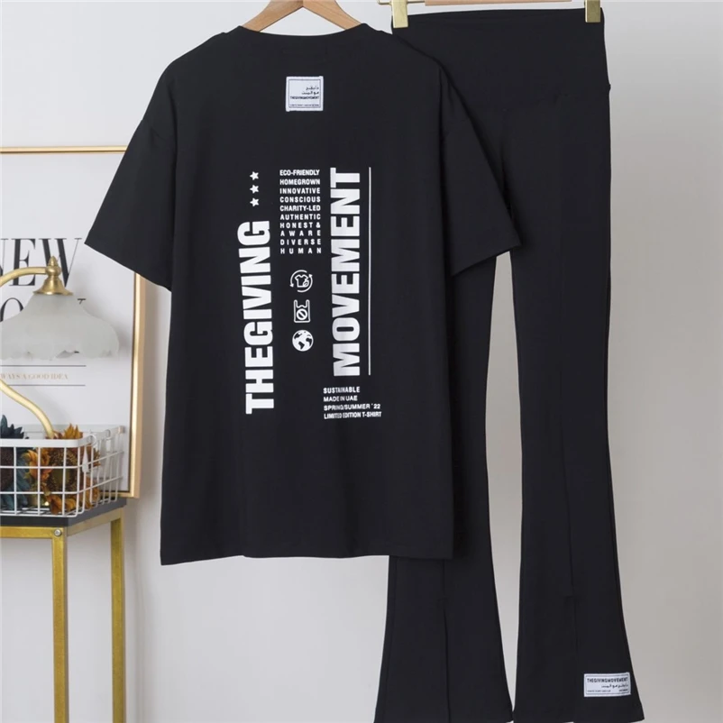 

THEGIVINGMOVEMENT Tshirts Flared Pants Sets Split T-shirt Leggings Yoga TGM Oversize Short-sleeve Pant for Women's Two Piece