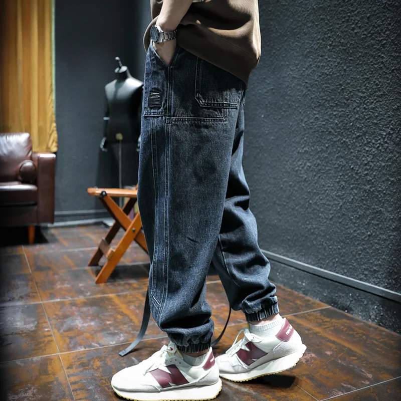 Men Clothing Autumn and Winter Loose Splicing Straight Cylinder Jeans Vintage Comfortable Navy Blue Plush Harun Trousers Female