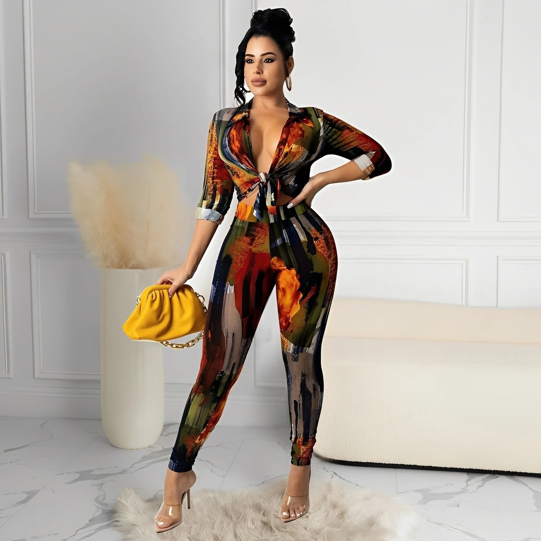 

Women's Clothing Set 2 Pieces New Fashion Printed Shirt Collar Long Sleeved Trousers Two-piece Set Slim Fit Female Clothing