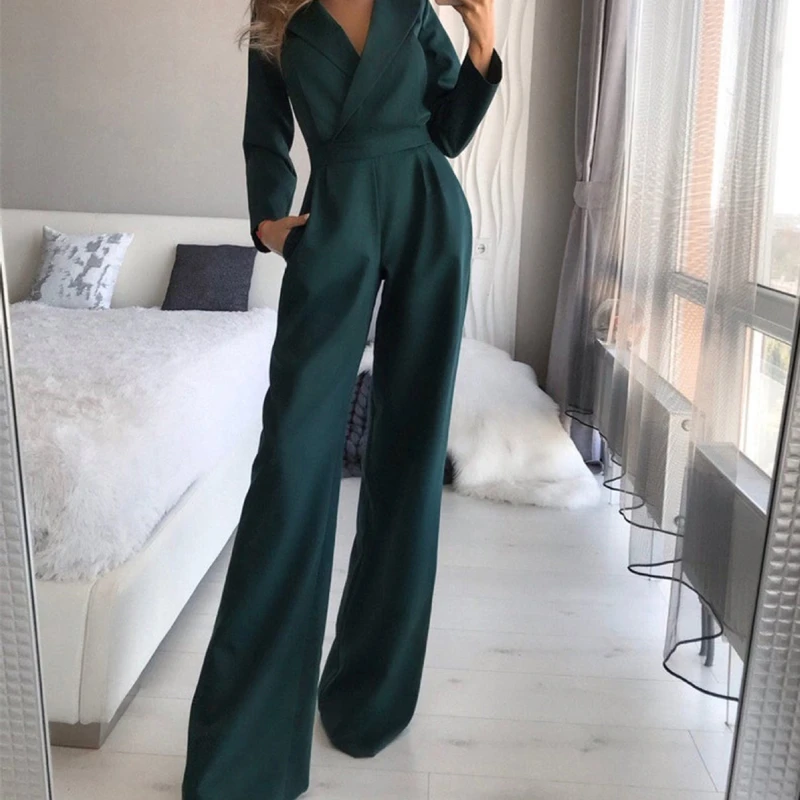 

Woman Jumpsuit Long Sleeve V-neck Solid Color Suit Collar Top Wide Leg Pant Romper For Women Office Long Jumpsuit Casual Overall