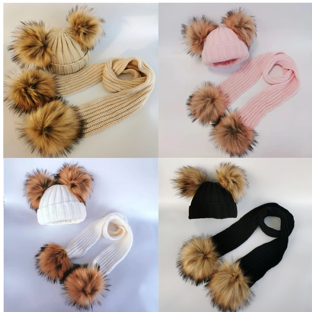 kids winter toddler baby kids faux fur hat cap beanie with 2 two double pom poms scarf ears funny hat for boys and girls