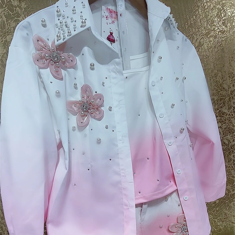 

Luxury 3D Flowers Diamonds Pink Sunscreen Shirts Pearls Beaded Gradient Pink Floral Chiffon Blouses Tops+Shorts+Camisoles 3pcs